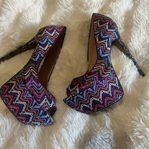 Betsey Johnson Multicolor Platform Peeptoe Chevron Heels 9